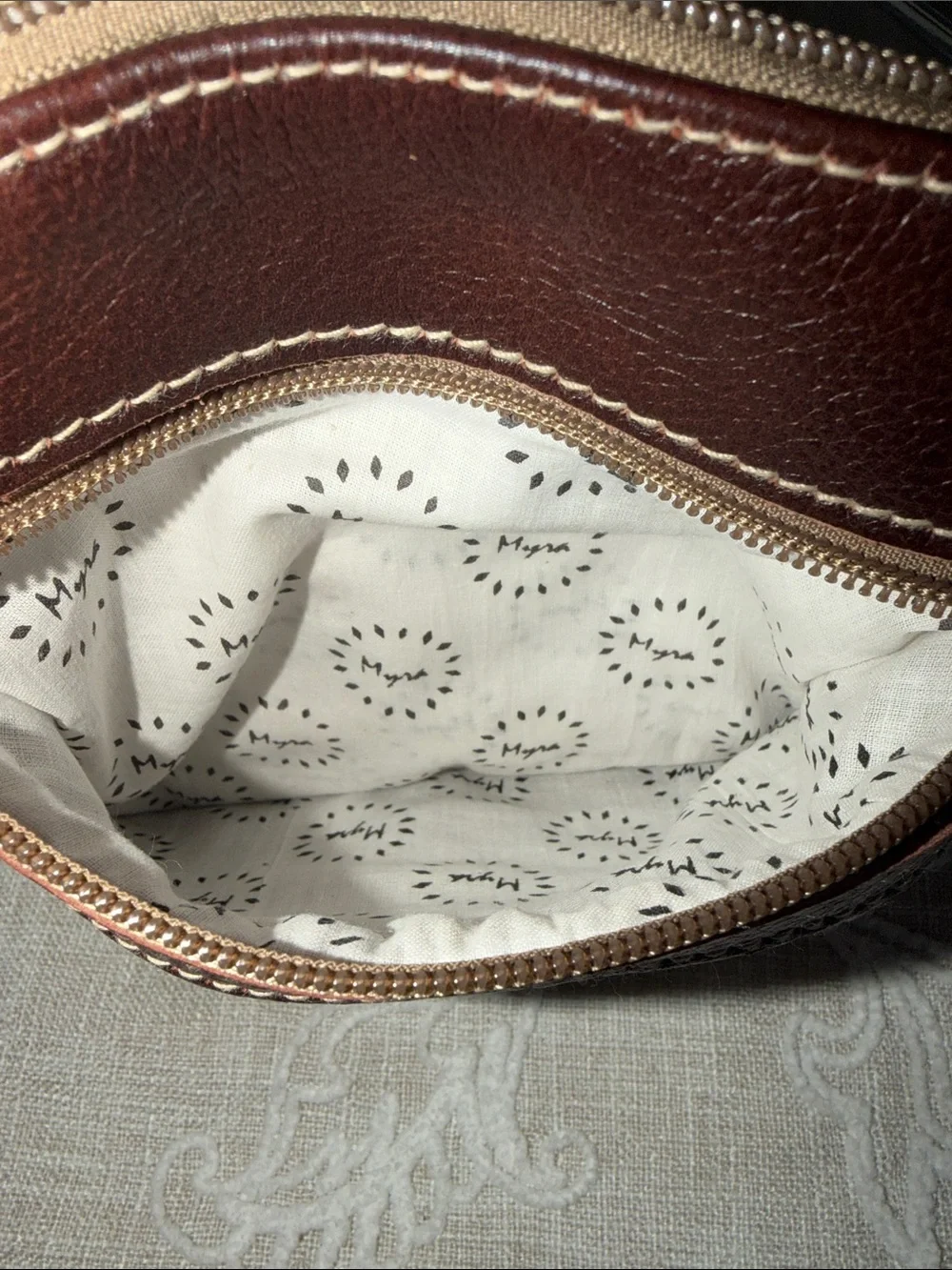 Myra NWOT Puzzled Pouch Wristlet Brown Leather & Beige fabric Wristlet Clutch